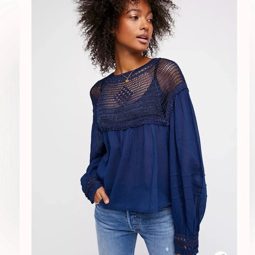 Free People M Navy Blue Gauze‎ Crochet Lace Bib Early Frost Top Blouse Boho